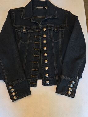 Chico's Dark Blue Denim Button-Front Trucker Jacket